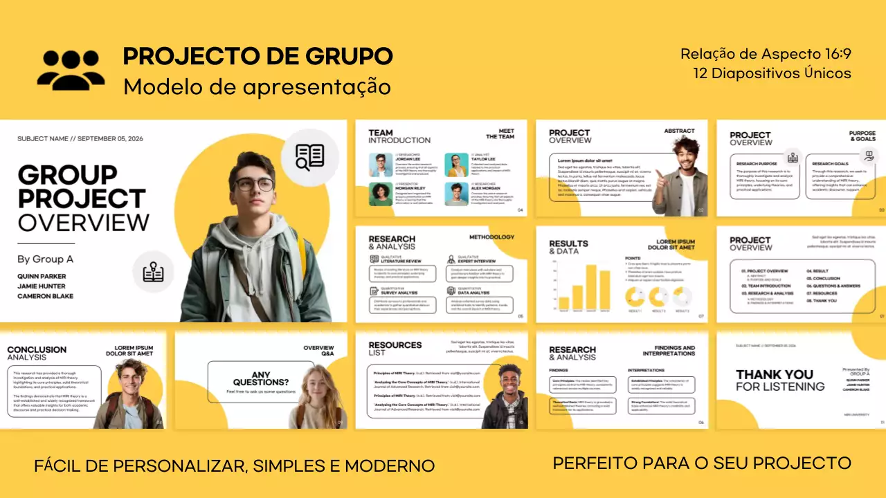 Branco Amarelo Simples Moderno Apresentação de Projeto de Grupo