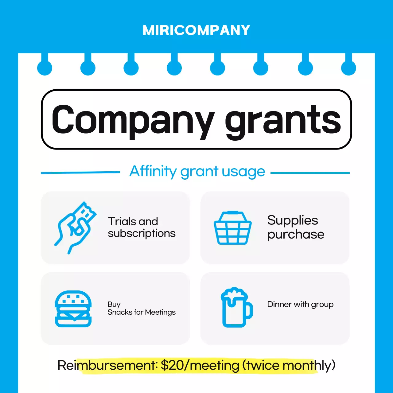 Um guia simples, azul claro e amarelo, para grupos de afinidade no local de trabalho