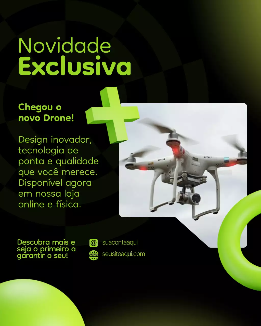 Publicação de anúncio de drone moderno e verde no Instagram