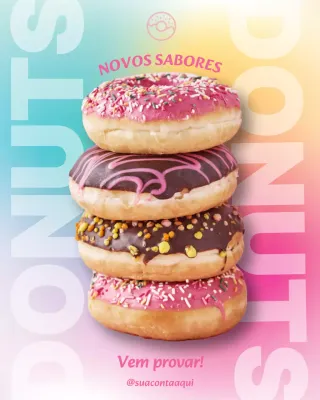 Postagem promocional do Instagram com novos sabores de donuts da moda arco-íris