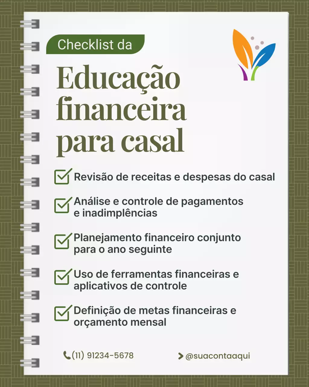 Postagem do Instagram com lista de verificação de finanças mínimas e verdes