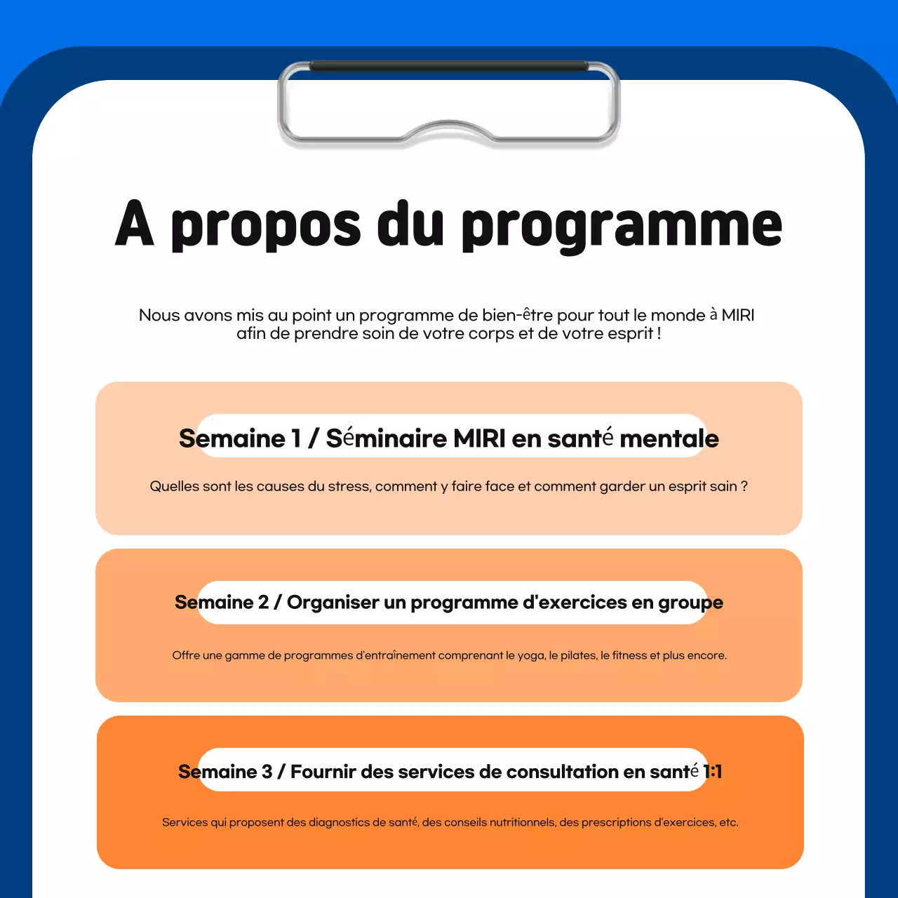 Promouvoir un programme simple de promotion de la santé en interne (bleu et orange)