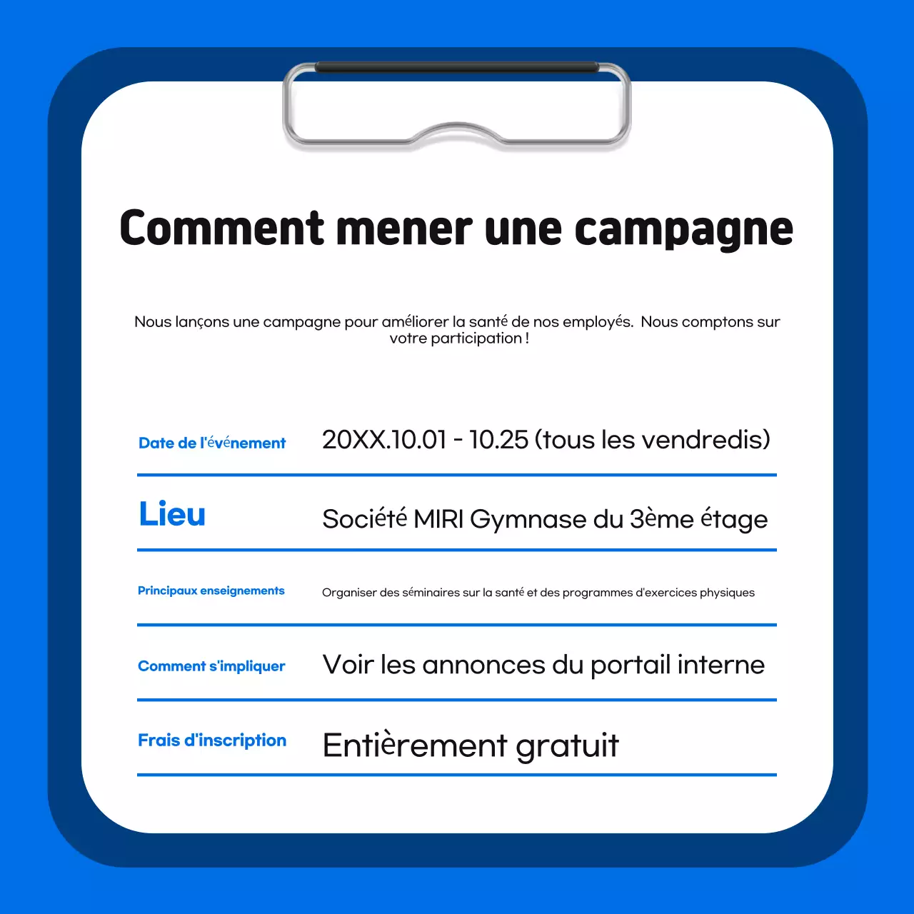 Promouvoir un programme simple de promotion de la santé en interne (bleu et orange)