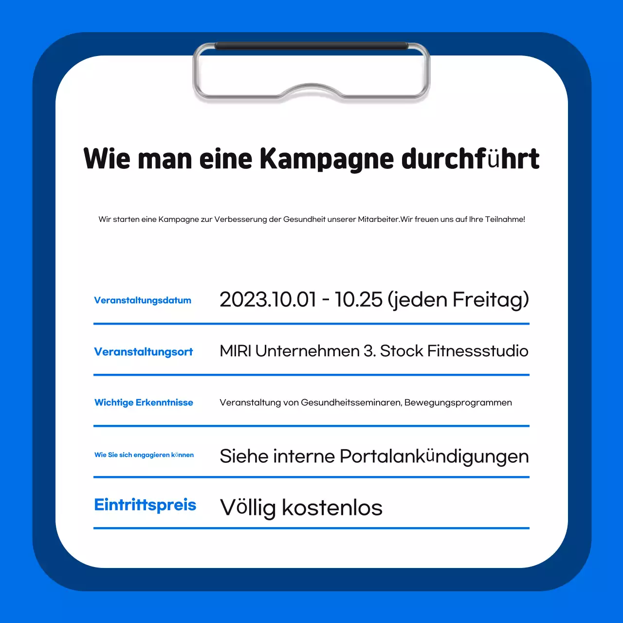 Förderung eines einfachen blau-orangenen Programms zur betrieblichen Gesundheitsförderung