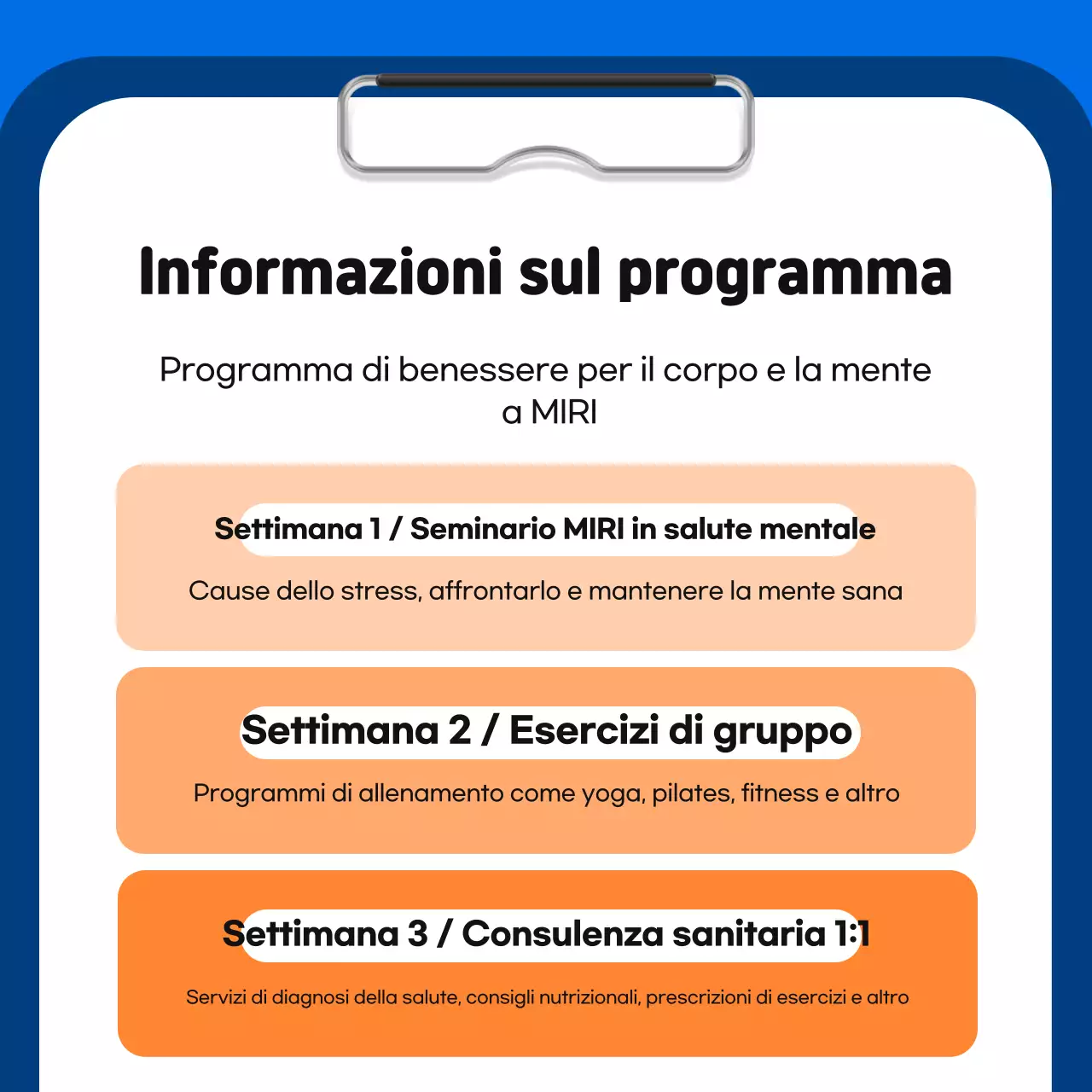 Promuovere un semplice programma interno di promozione della salute di colore blu e arancione.