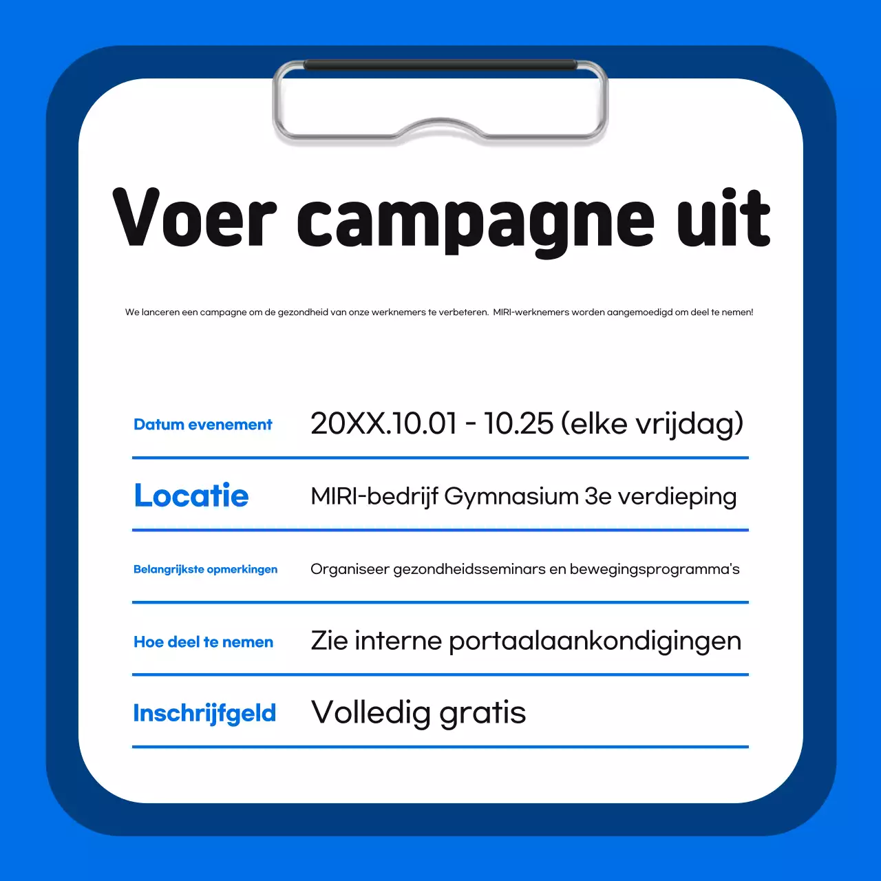 Een eenvoudig blauw en oranje intern gezondheidsbevorderingsprogramma promoten