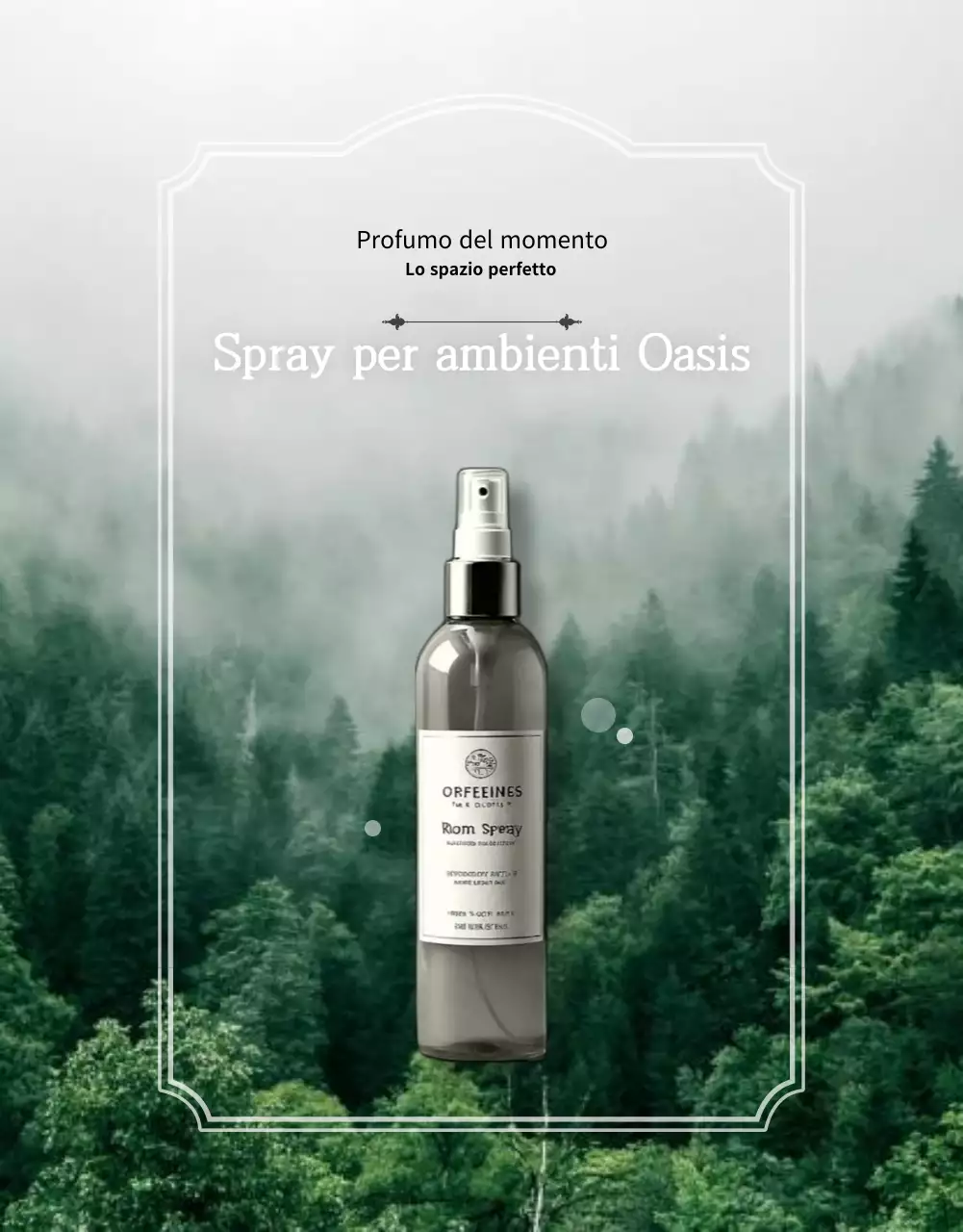 Pubblicità del prodotto per uno spray per ambienti al profumo naturale di verde e menta.