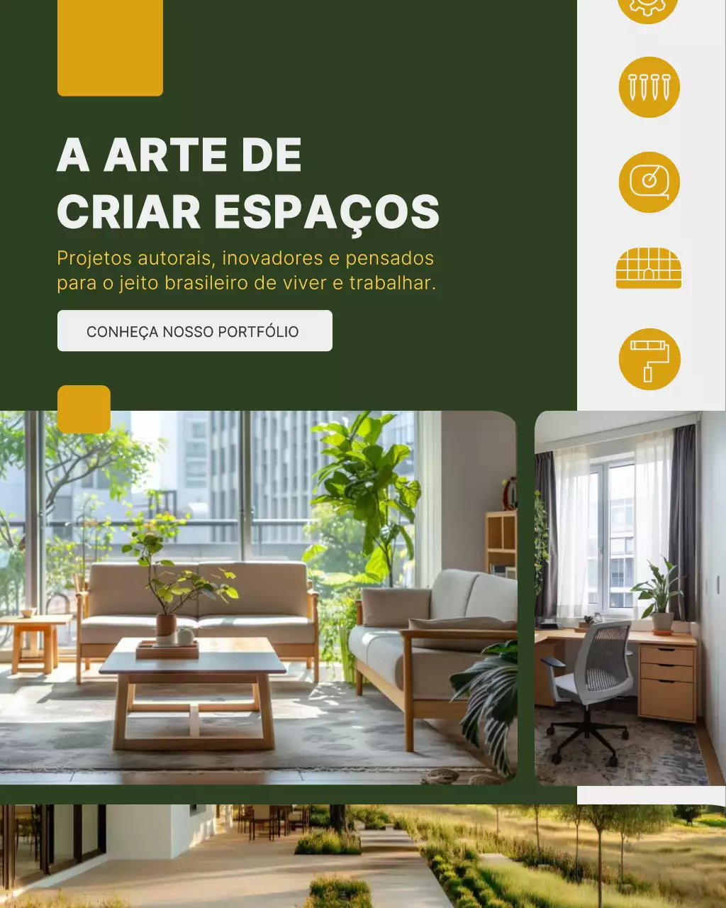 Postagem no Instagram para promoção de serviço de design de interiores moderno e ecológico