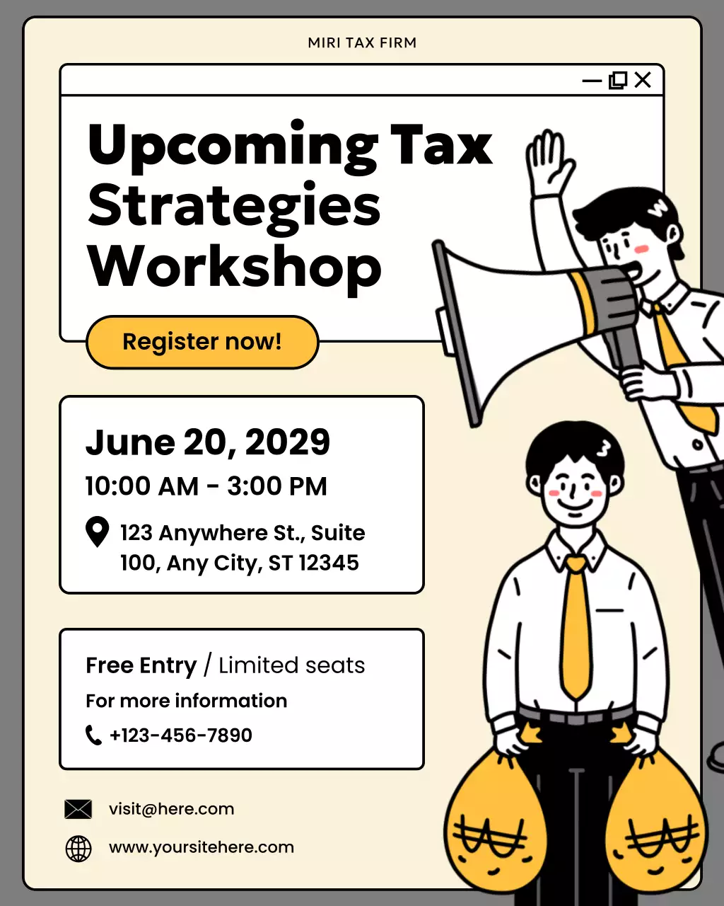 Beige comic tax workshop announcement