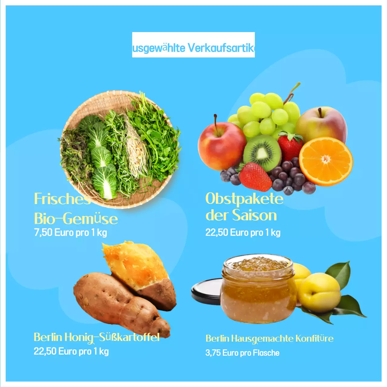 Förderung einer übersichtlichen gelben und hellblauen Produktanzeige