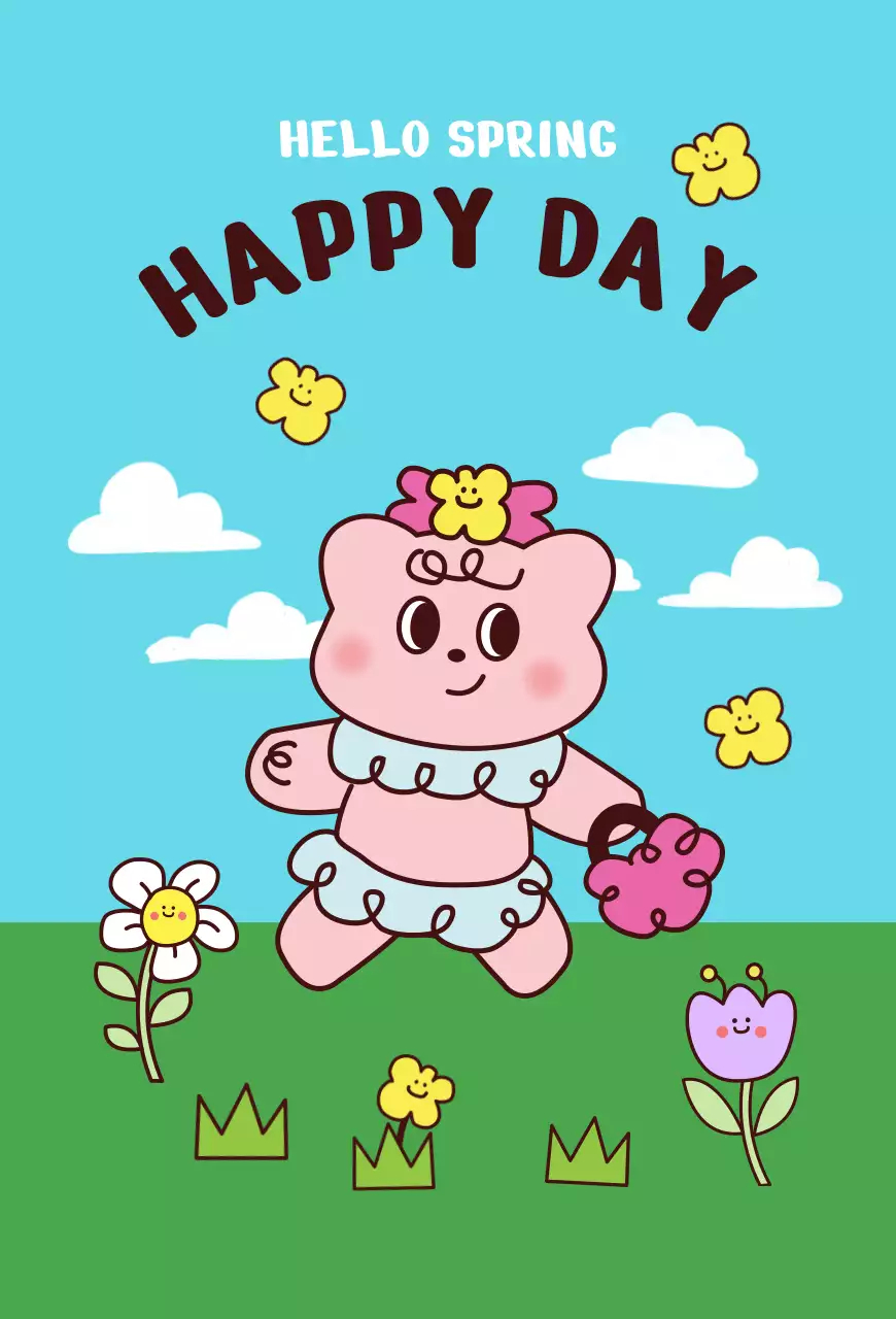 하늘색 아기자기한 봄 귀여운 곰돌이 일러스트