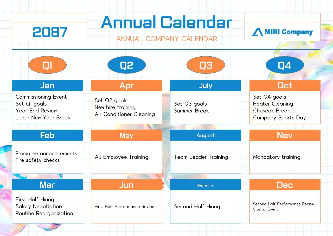 Kalender perencanaan tahunan sederhana berwarna biru dan oranye