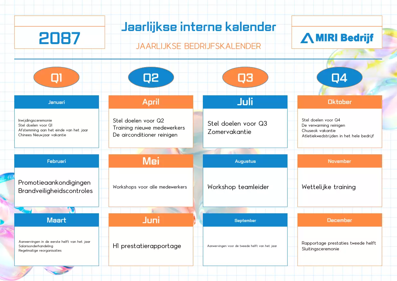 Eenvoudige jaarplanningskalender in blauw en oranje
