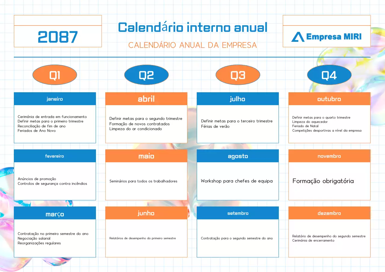 Calendário de planeamento anual simples em azul e laranja