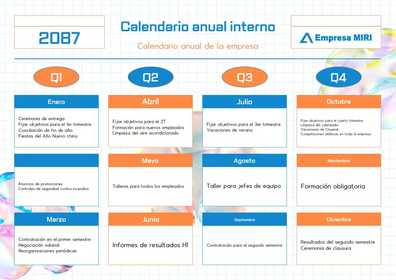 Sencillo calendario de planificación anual en azul y naranja