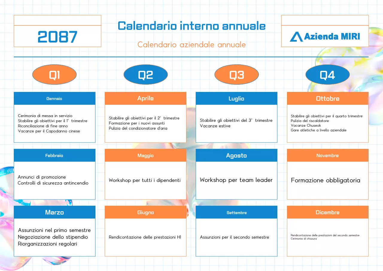 Semplice calendario di pianificazione annuale in blu e arancione