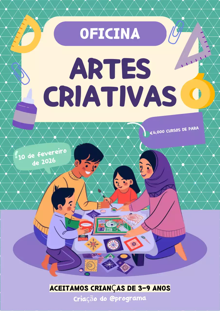 convite para oficina de arte criativa roxa