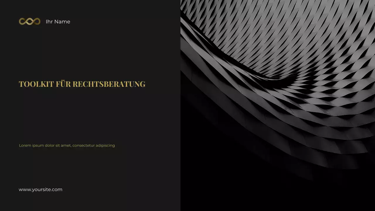 Schwarz-goldenes, auffälliges fotozentrisches Toolkit für Rechtsberatung Präsentation