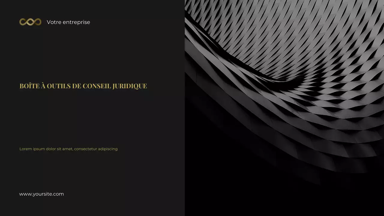 Présentation de la boîte à outils de conseil juridique photocentrique en noir et or