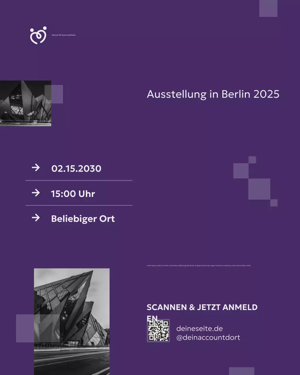 lila moderne Ausstellungsankündigung