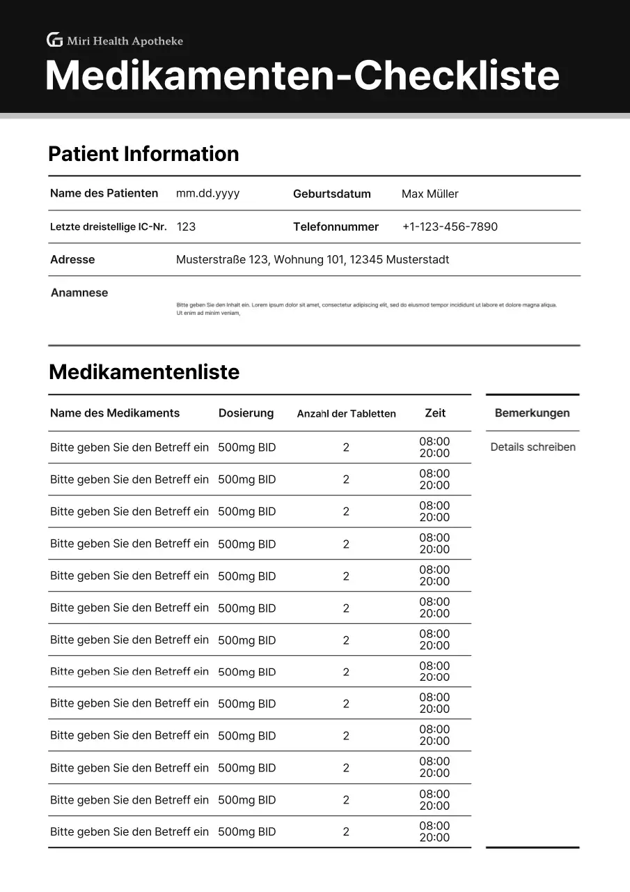 Schwarzes professionelles Medikamenten-Checklisten-Diagrammdokument