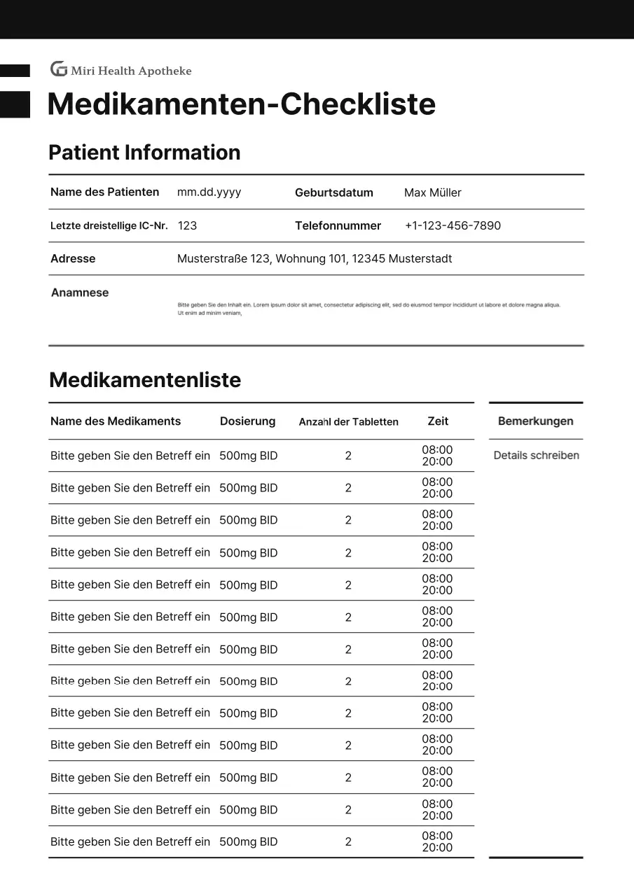 Schwarzes professionelles Medikamenten-Checklisten-Diagrammdokument