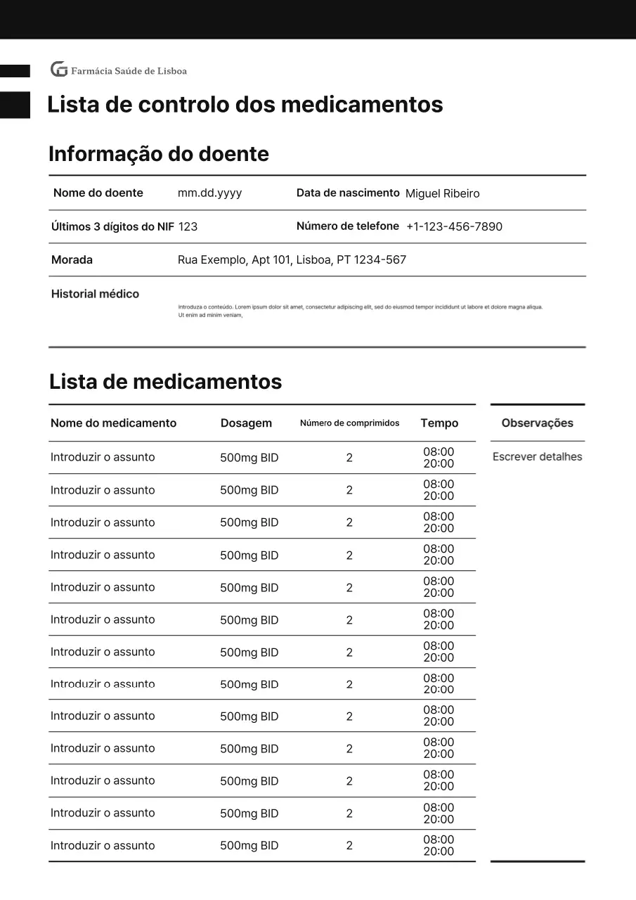 Documento de lista de verificação de medicamentos profissionais para negros