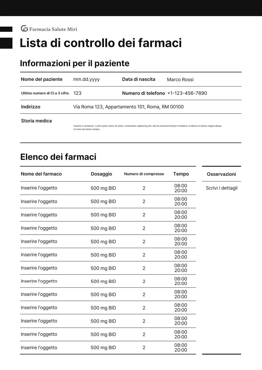 Documento grafico di controllo dei farmaci professionali neri