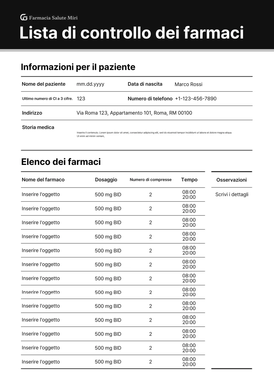 Documento grafico di controllo dei farmaci professionali neri