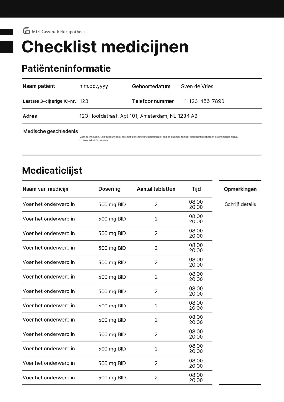 Zwarte professionele medicatie checklist grafiek document
