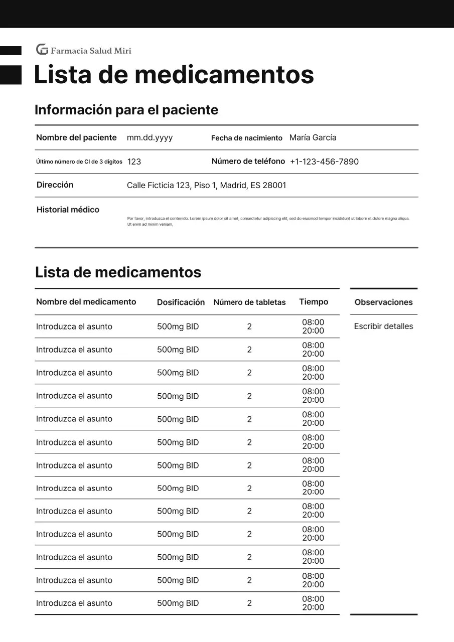 Documento de lista de verificación de medicamentos para profesionales negros