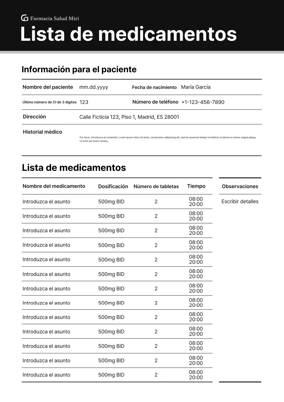 Documento de lista de verificación de medicamentos para profesionales negros