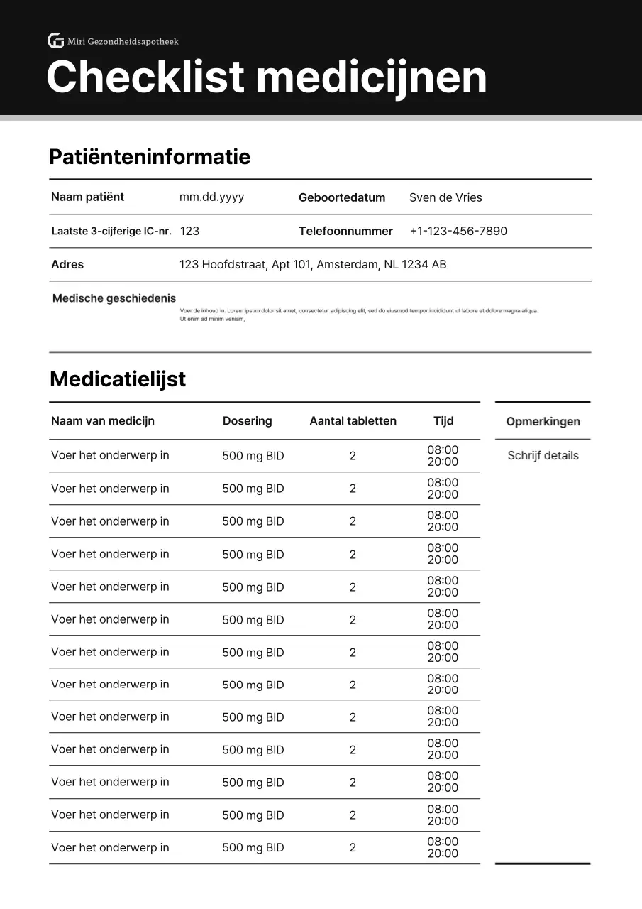 Zwarte professionele medicatie checklist grafiek document