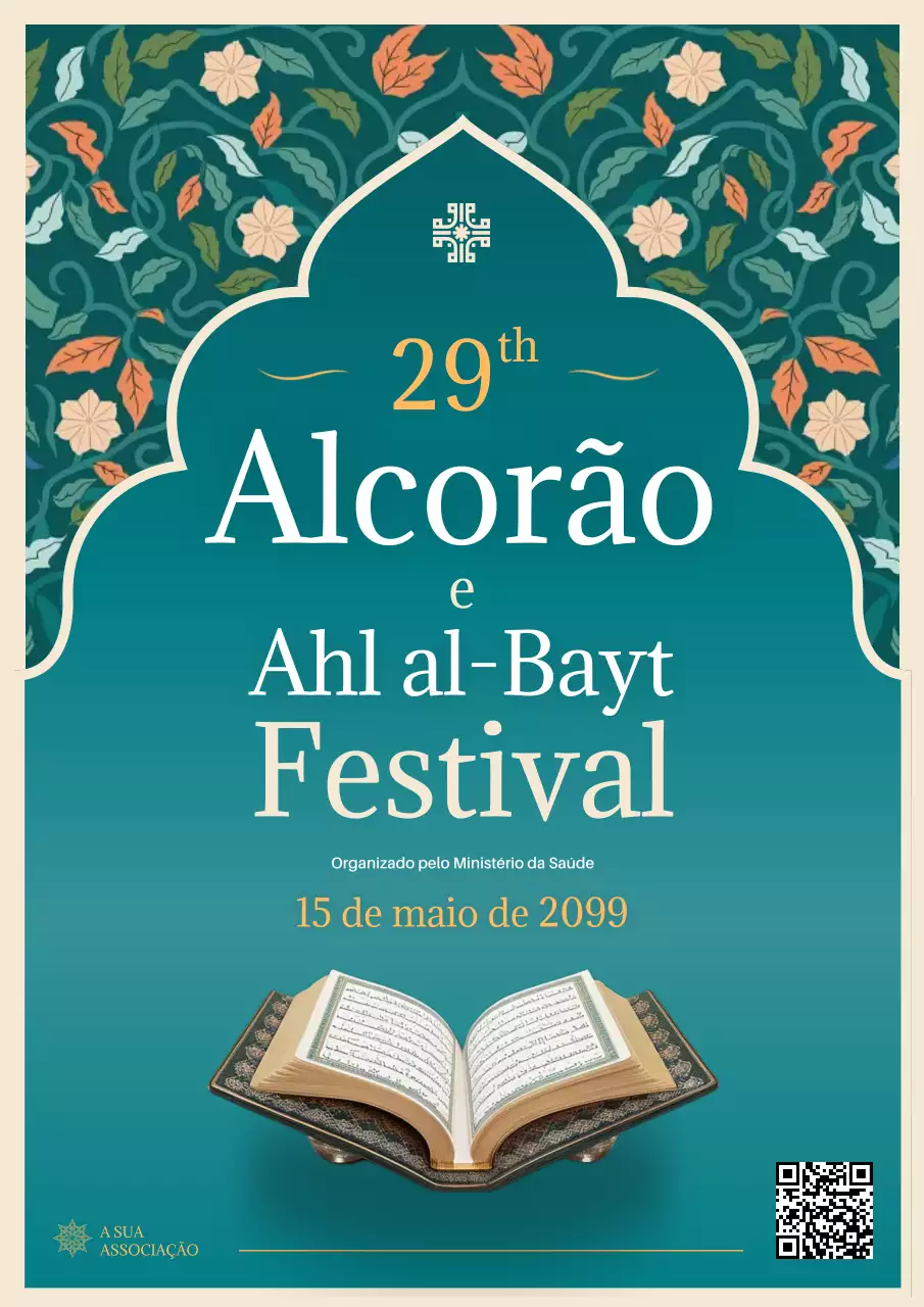 Cartaz de anúncio do festival familiar tradicional do Alcorão amarelo-azulado