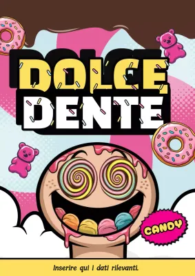 Manifesto pubblicitario di caramelle colorate a fumetti