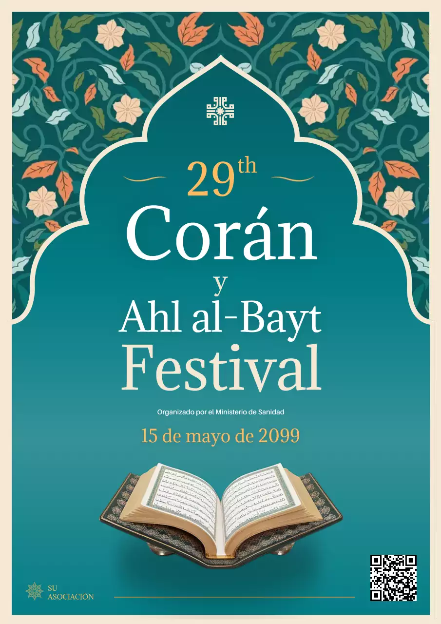 Cartel de anuncio del Festival Familiar del Corán tradicional en color verde azulado y amarillo