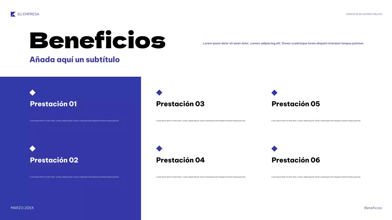 Presentación de relaciones públicas geométrica azul