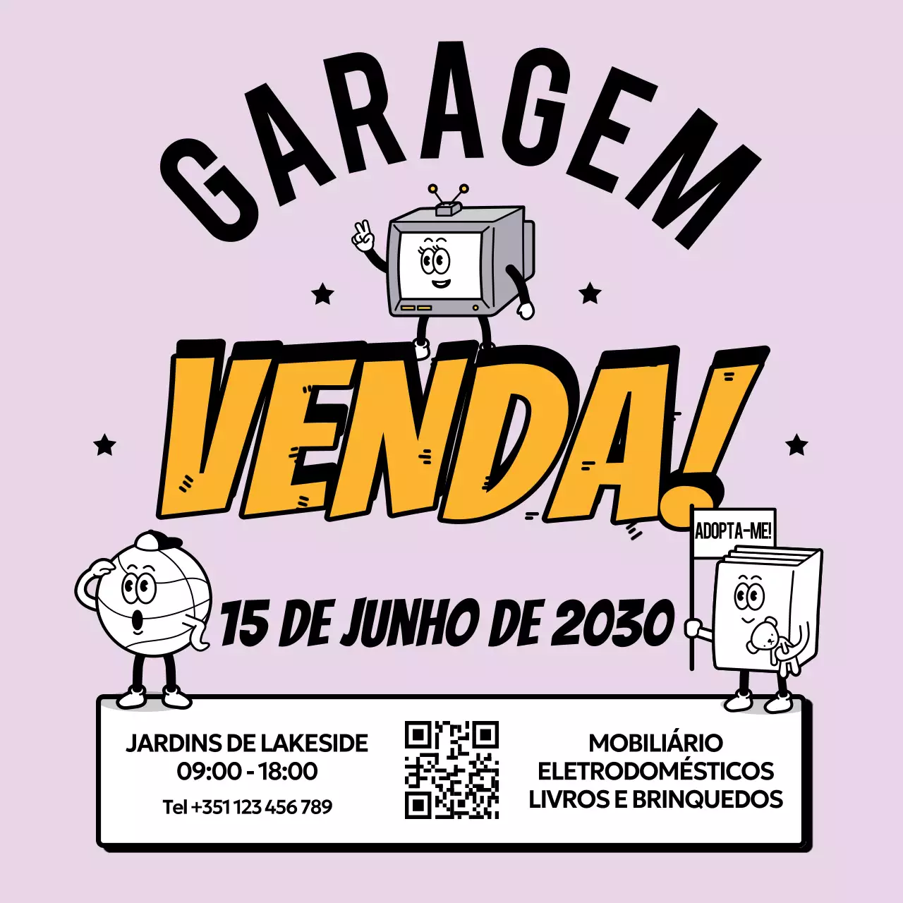 anúncio de venda de garagem retrô roxa