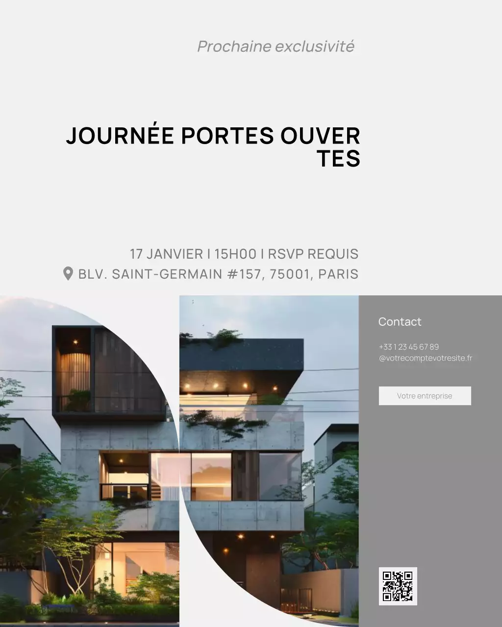 Publication sur les réseaux sociaux d'une journée portes ouvertes immobilière minimaliste de luxe