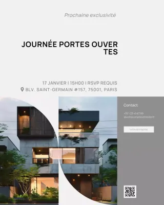 Publication sur les réseaux sociaux d'une journée portes ouvertes immobilière minimaliste de luxe