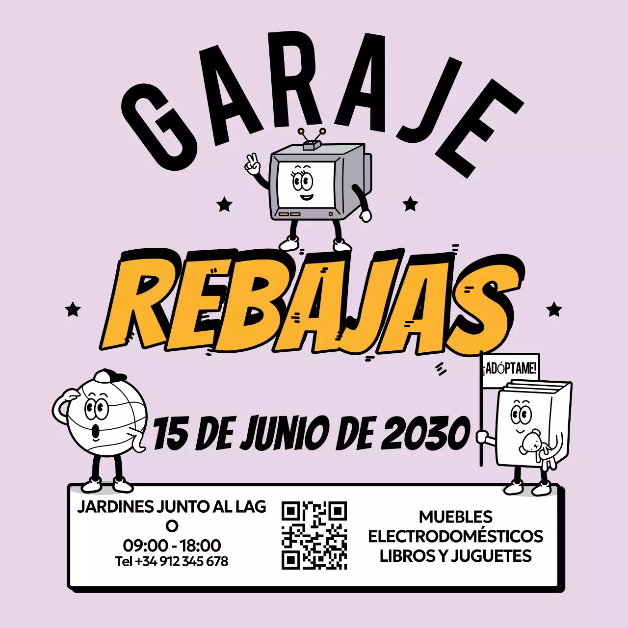 Anuncio de venta de garaje retro de color morado