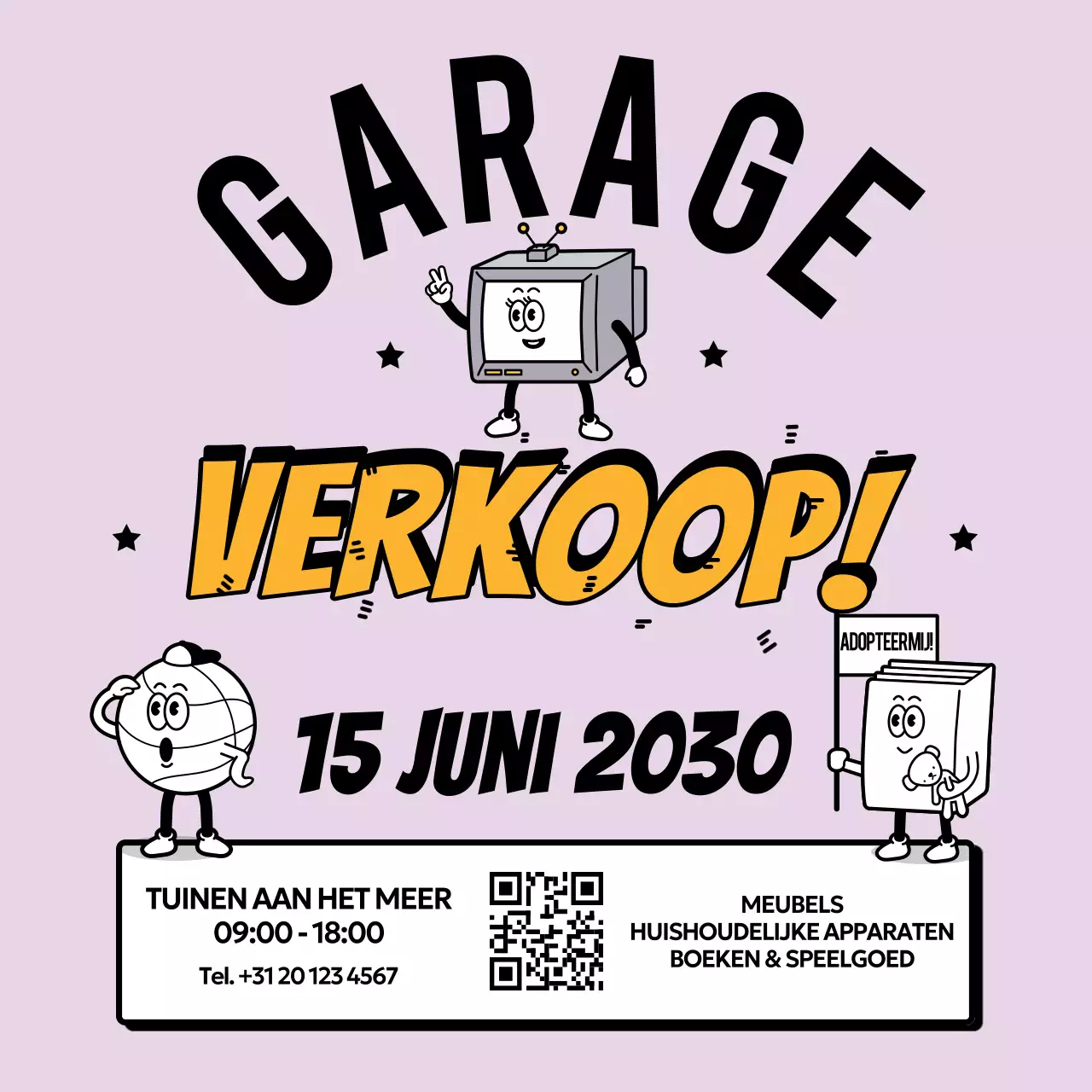 aankondiging van paarse retro garage sale