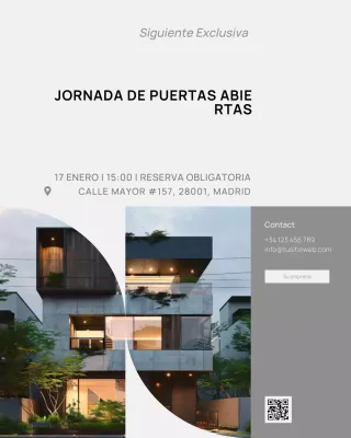 Publicación en redes sociales de una jornada de puertas abiertas inmobiliaria de lujo minimalista