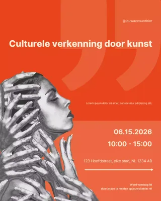 Uitnodiging voor een modern kunst- en cultuurevenement in oranje en crèmekleur