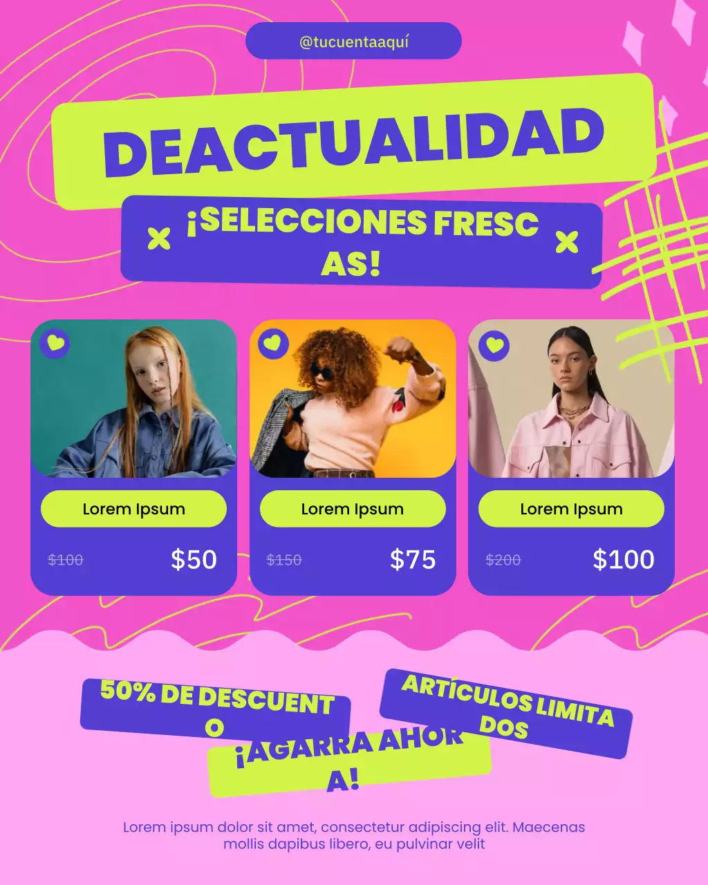 Publicación en redes sociales de promoción de moda de tendencia rosa