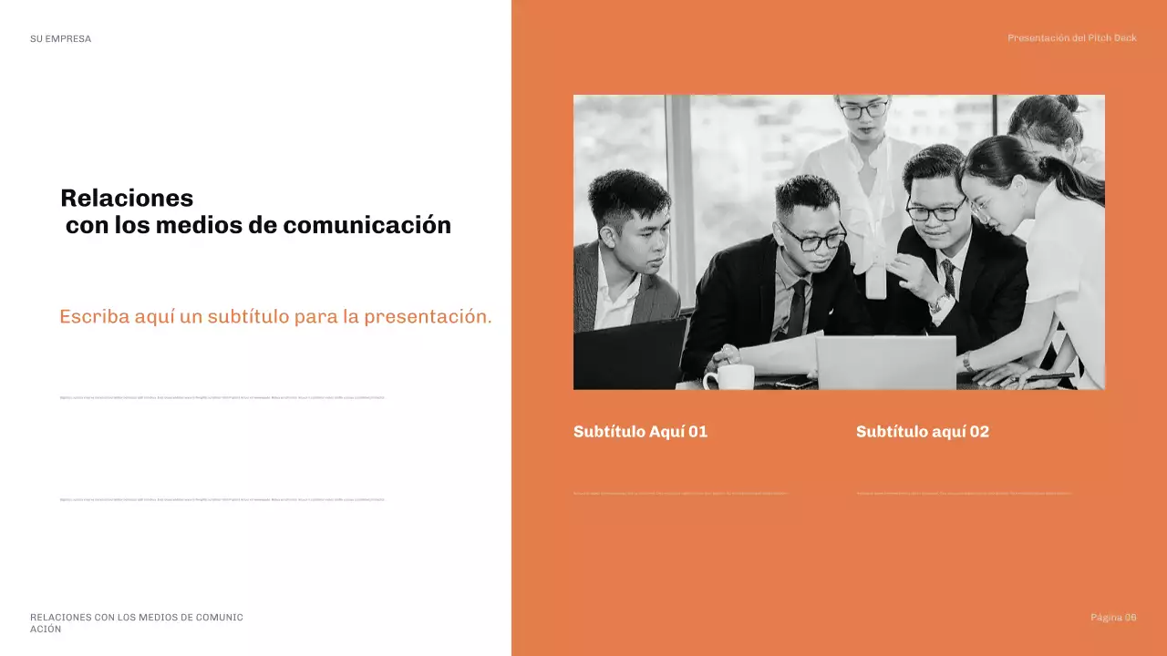 Presentación moderna de relaciones públicas en color naranja