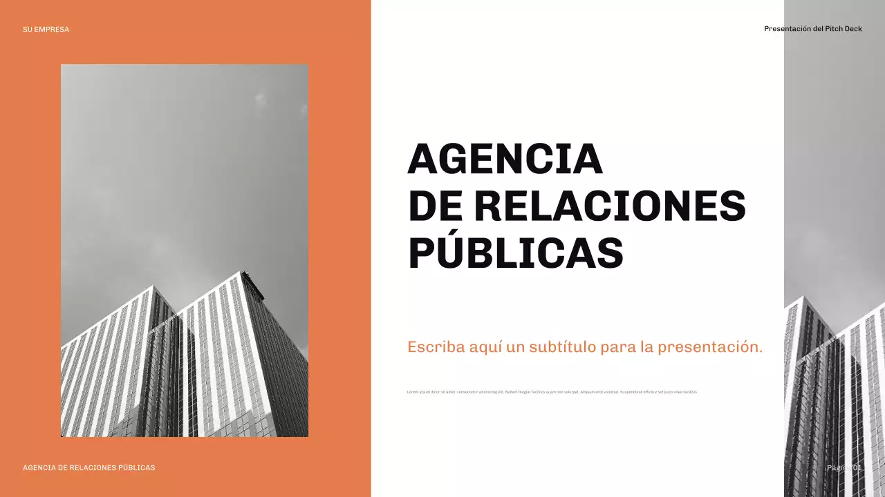 Presentación moderna de relaciones públicas en color naranja