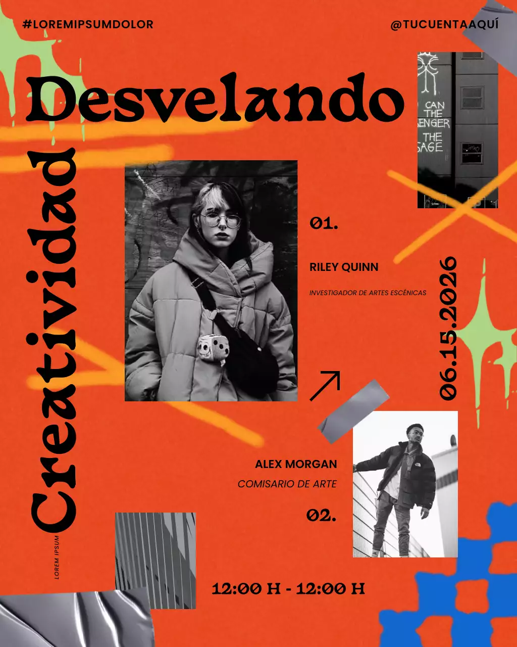 Publicación en redes sociales del evento de creatividad de arte urbano naranja