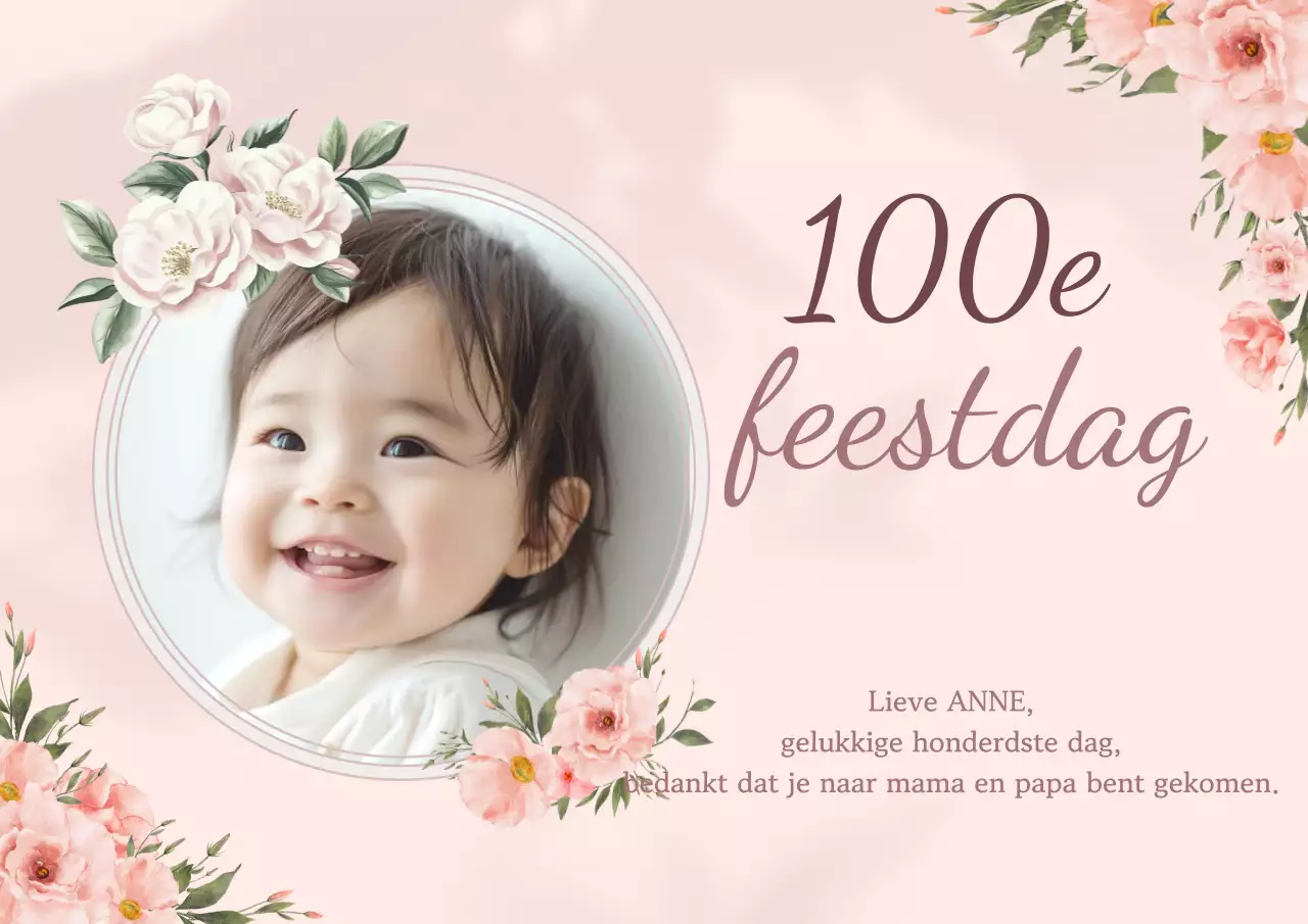 Roze Babymeisje 100ste Dag Feest Uitnodiging