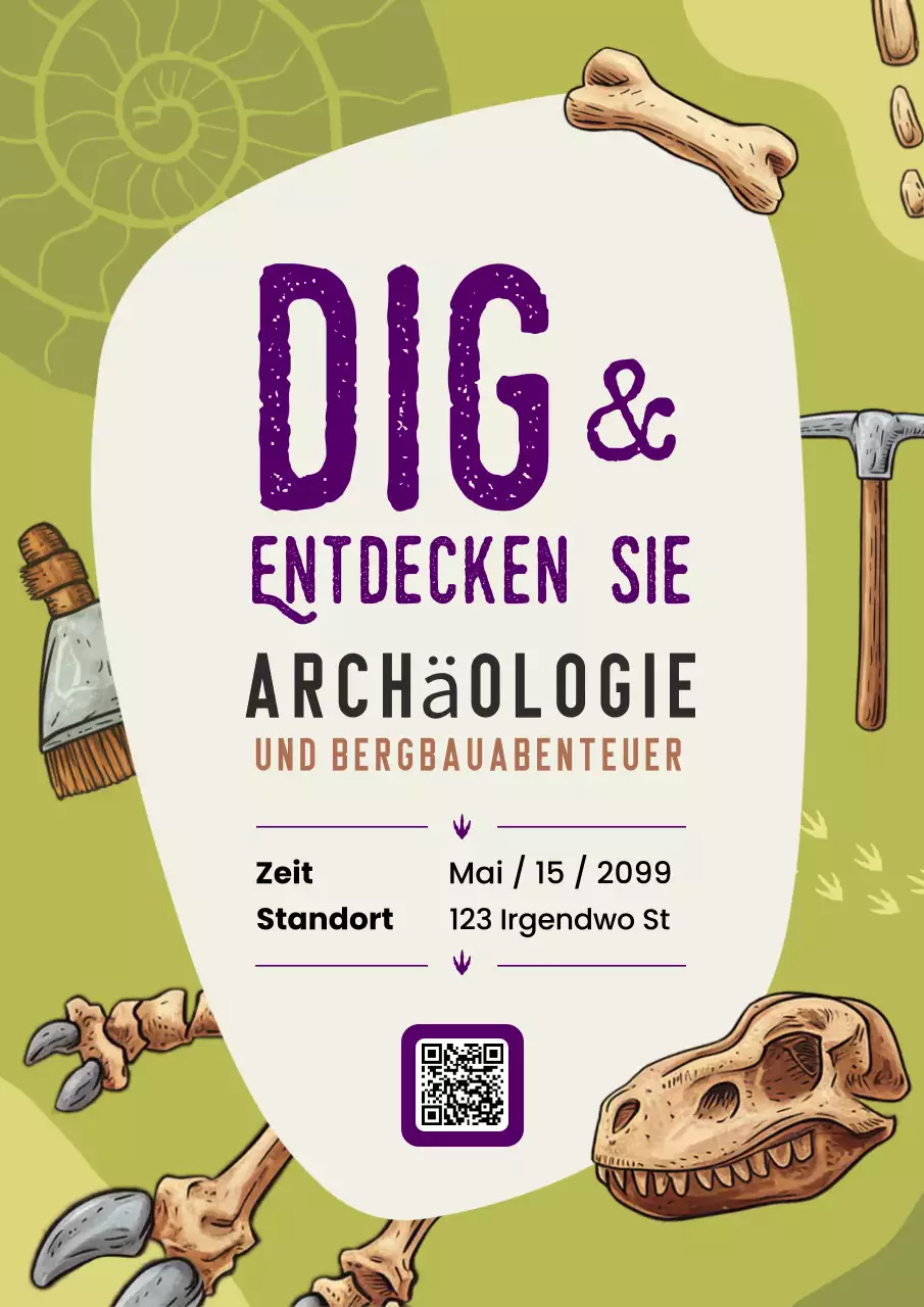 Grün-gelbe Einladung zu Archäologie- und Bergbauaktivitäten Poster